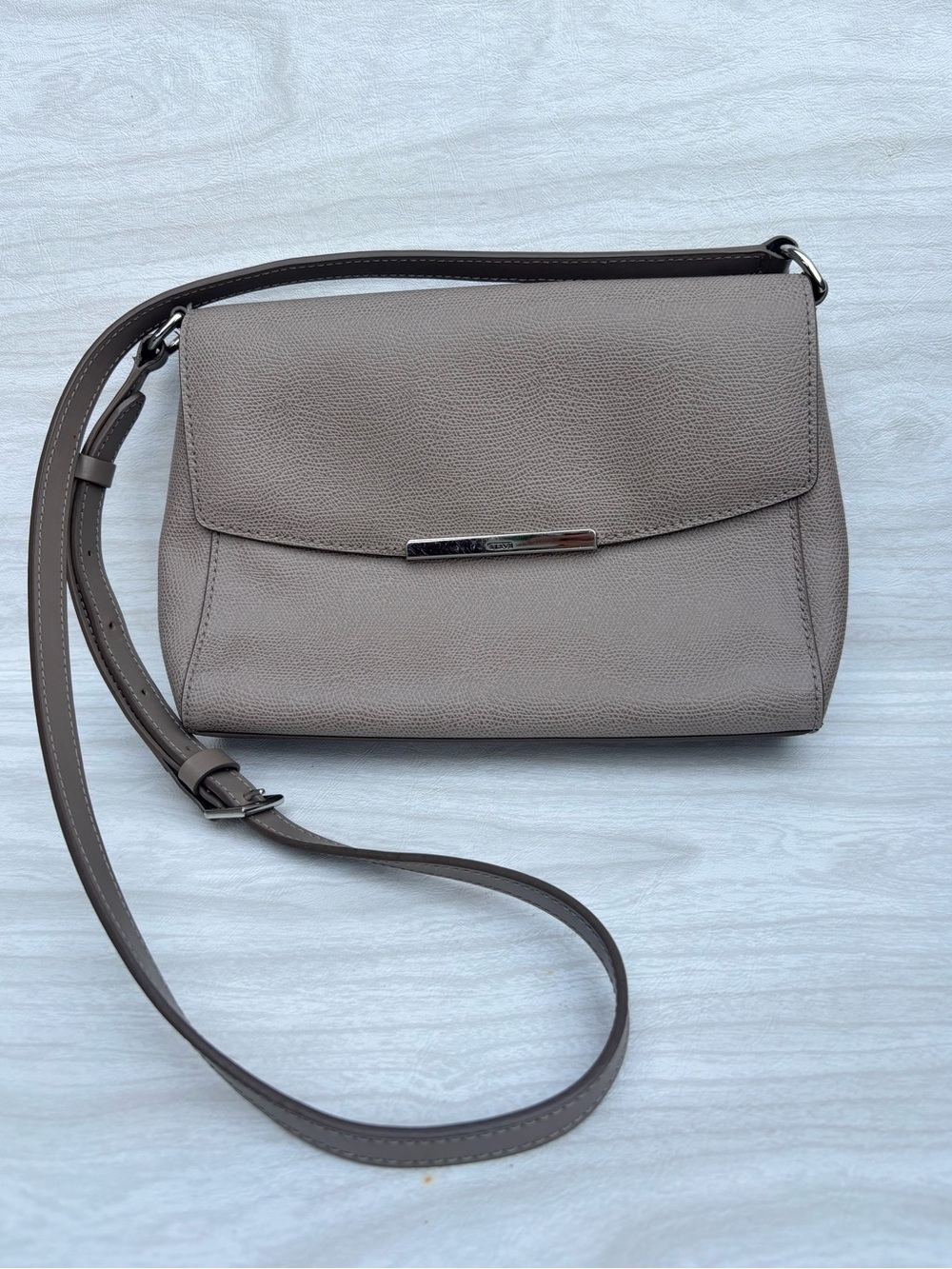 Tumi Marianne Saffiano Leather Flap Crossbody Bag Gray Taupe Silver Hardware